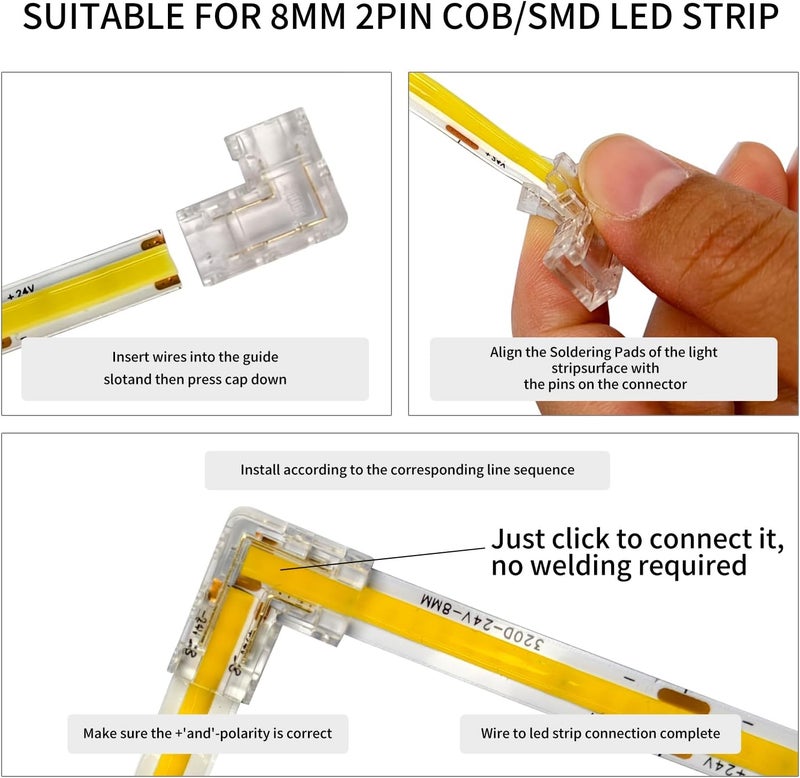 HEYAN 20 Pcs 2PIN L-Shape Solderless Transparent LED Strip Connector No Dark Area for COB/SMD Single Color LED Strips（2PIN -8mm） - Image 5